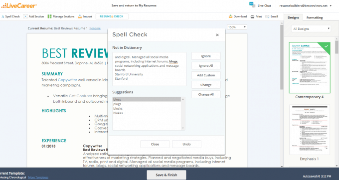 LiveCareer Resume Setup Spell-Checker