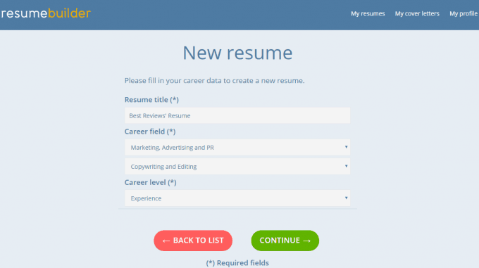 ResumeBuilder.org Setup Job Field