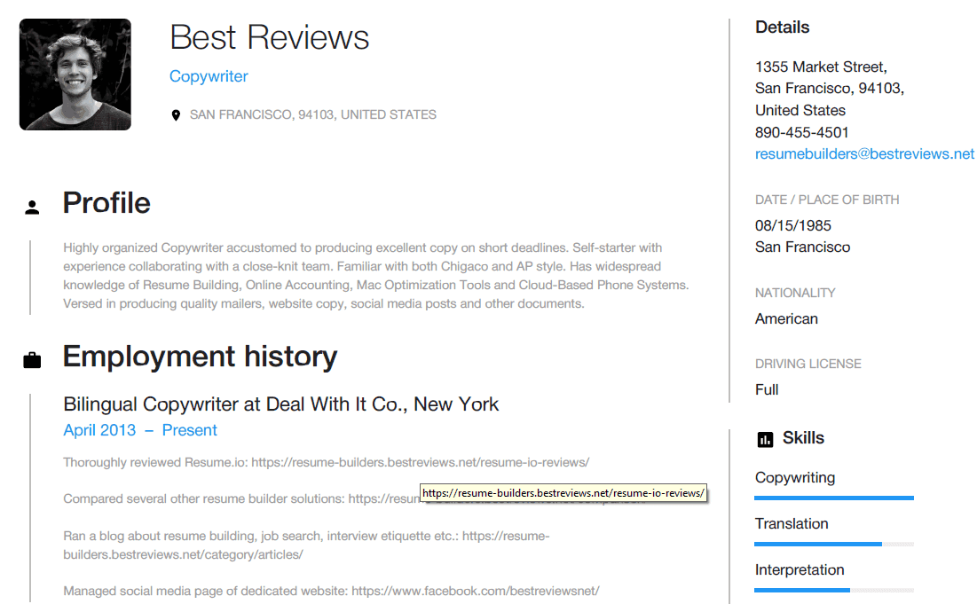 Example of Links in a Best Reviews Resume